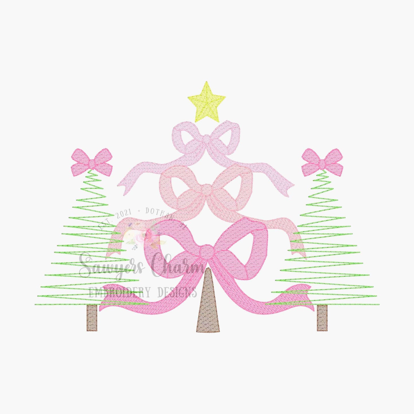 Coquette Bows Christmas trees trio sketch stitch, machine embroidery design file, quick stitch, happy holidays, star, bean stitch