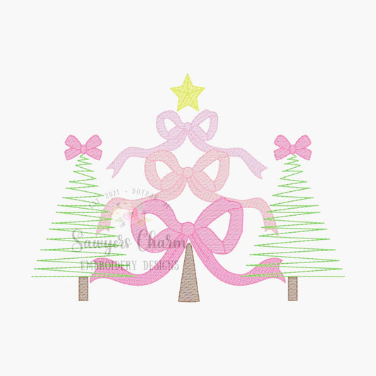 Coquette Bows Christmas trees trio sketch stitch, machine embroidery design file, quick stitch, happy holidays, star, bean stitch