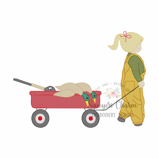 Little girl duck hunting pulling wagon with ponytail sketch stitch machine embroidery design file, mallards, fall, outdoor hunter, overalls