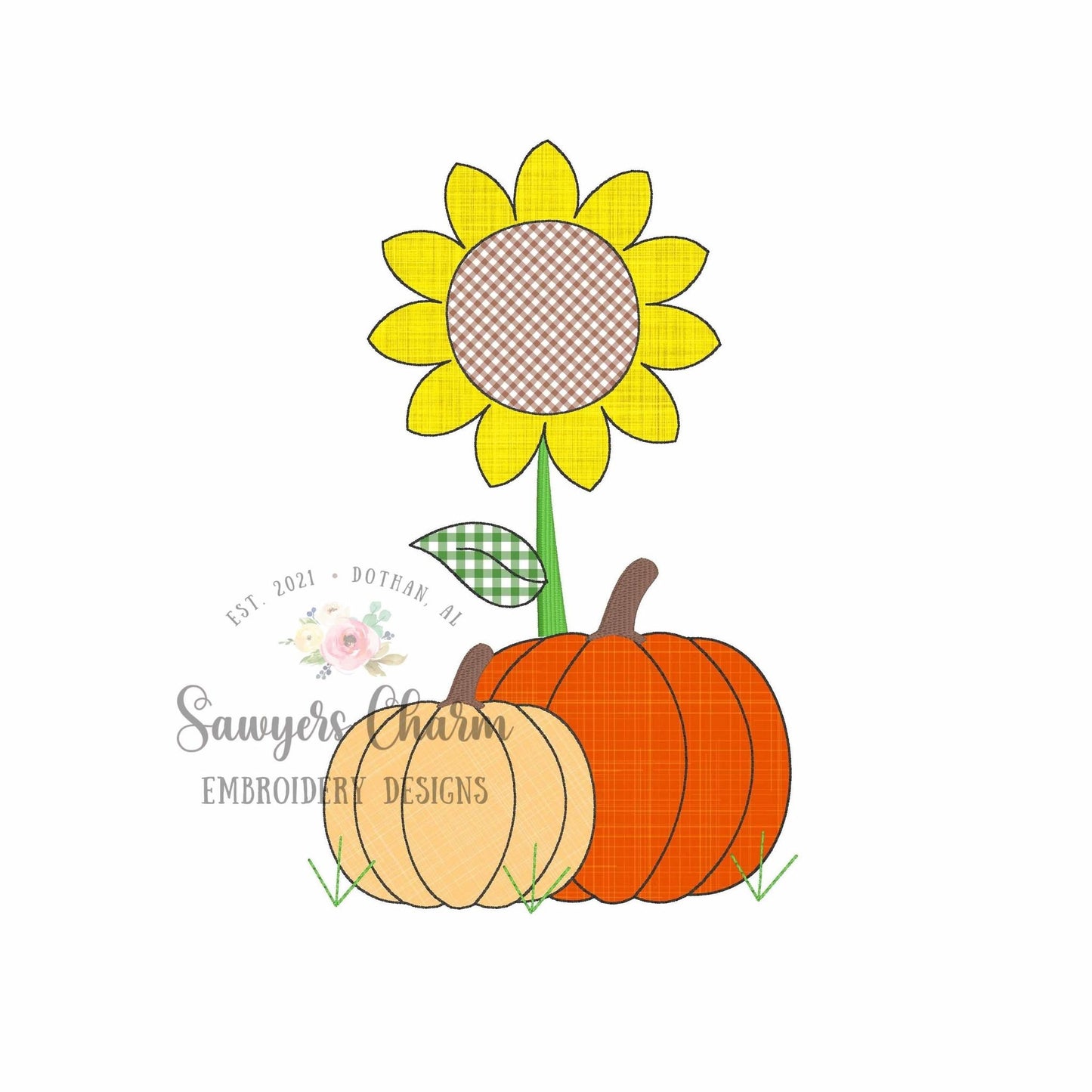 Sunflower and pumpkins bean stitch machine applique embroidery design file, quick stitch, fall, thanksgiving, field, outdoors