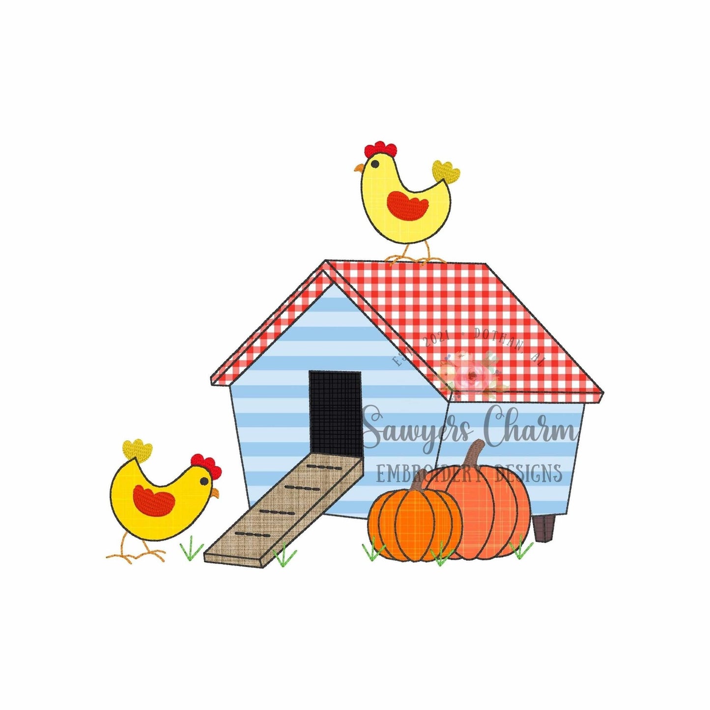 Chicken coop with pumpkins bean stitch applique, machine embroidery design file, quick stitch, farm animal, feed, fall, thanksgiving, hen