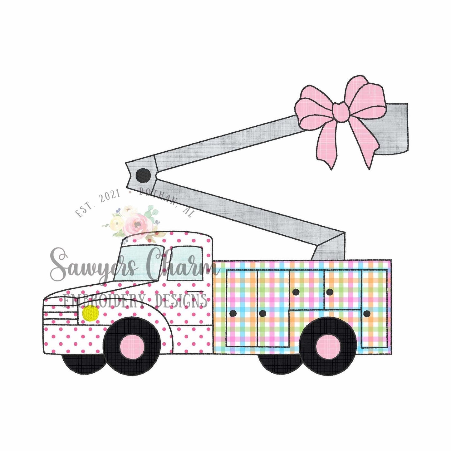 BUNDLE Bucket truck with bow bean & zigzag stitch machine embroidery applique design, quick stitch, lineman, construction worker, coquette