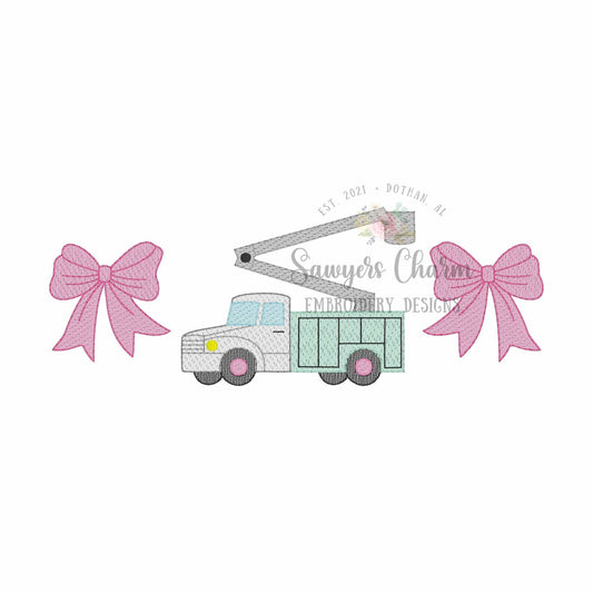 Bucket truck with coquette bows sketch stitch trio, machine embroidery design, quick stitch, lineman, construction worker, electricity/power