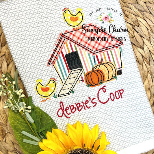 Chicken coop with pumpkins bean stitch applique, machine embroidery design file, quick stitch, farm animal, feed, fall, thanksgiving, hen