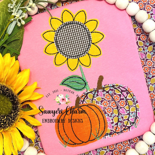 Sunflower and pumpkins bean stitch machine applique embroidery design file, quick stitch, fall, thanksgiving, field, outdoors