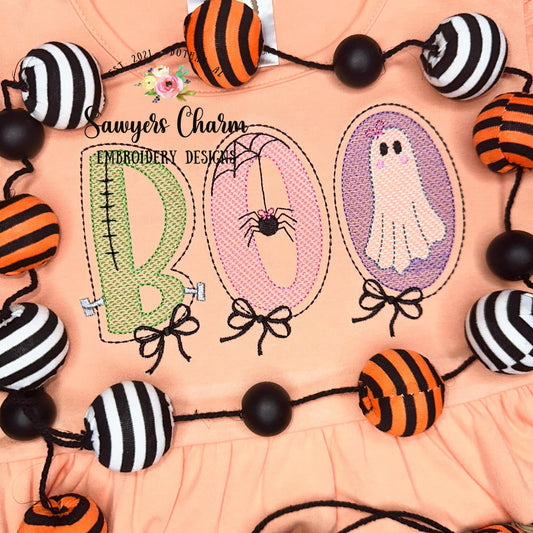 BOO girl with bows sketch stitch machine embroidery design file, fall, Halloween, spiderweb, ghost, coquette, Frankenstein, spooky, scary