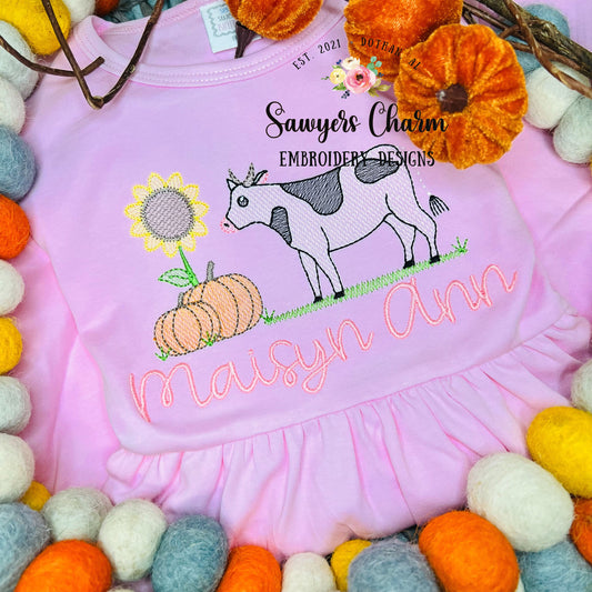Sunflower, pumpkins, cow in grass sketch stitch machine embroidery design file, bean stitch details, fall, thanksgiving, farm animal, field