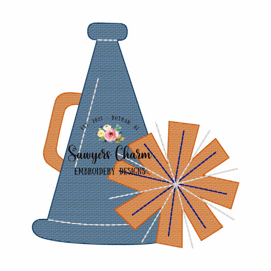 Megaphone with pompom sketch stitch machine embroidery design, fall football sports team, dance, fan, cheerleading, cheer
