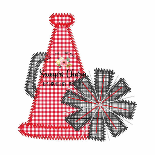 BUNDLE Megaphone with pompom bean & zigzag stitch machine applique embroidery design, fall football sports team, dance, fan, cheerleading