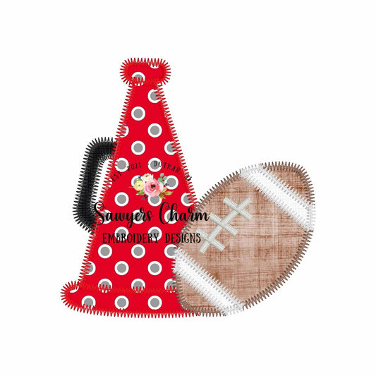 BUNDLE Megaphone with football bean & zigzag stitch machine applique embroidery design, fall football sports team, dance, fan, cheerleading
