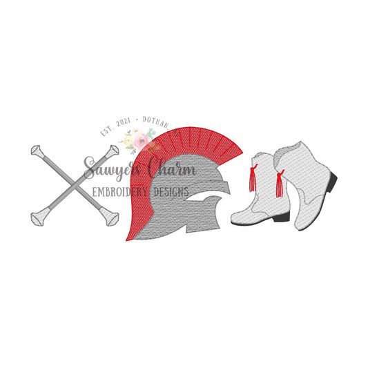 Batons, trojan, majorette boots trio, sketch stitch embroidery design, college university, football cheerleader, dance, coquette, spartan