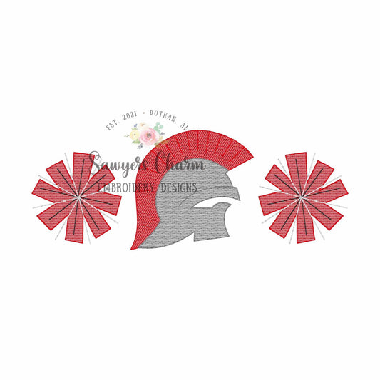 Pom poms and trojan trio, sketch stitch embroidery design, college university, football cheerleader, cheerleading, coquette, knight, spartan
