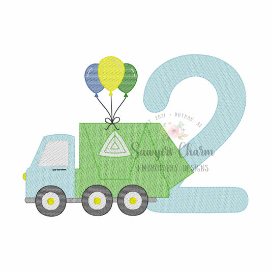 Garbage truck with number TWO & birthday balloons sketch stitch machine embroidery design file, construction vehicle, city truck, trash