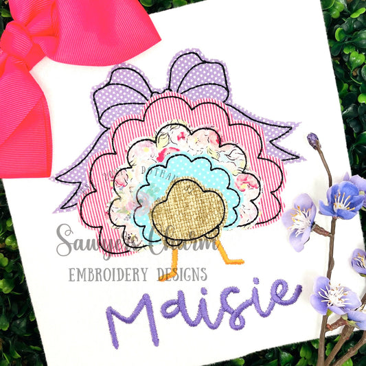 BUNDLE Turkey tail with bow bean & zig zag stitch machine applique embroidery design, fall, thanksgiving, quick stitch, coquette, feathers