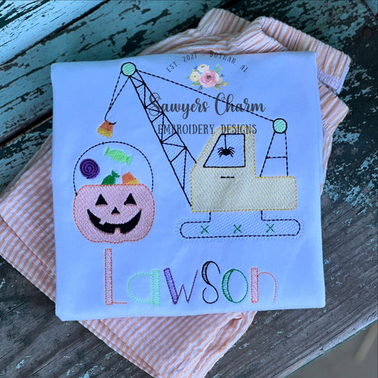 Halloween crane sketch stitch machine embroidery design, quick stitch, construction digger truck transportation jackolantern candy, spooky
