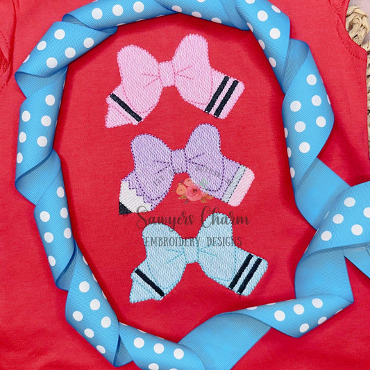 Crayon & pencil bow trio sketch stitch machine embroidery design file, quick stitch, colors, back to school, coquette, school supplies