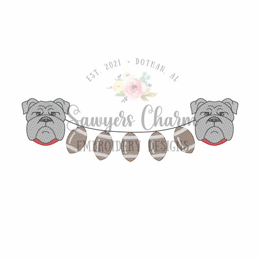 Bulldog with collar & footballs bunting banner sketch stitch machine embroidery design, college university, sports fan, mascot