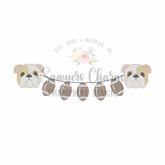 Bulldog two colors & footballs bunting banner sketch stitch machine embroidery design, college university, sports fan, mascot, high school