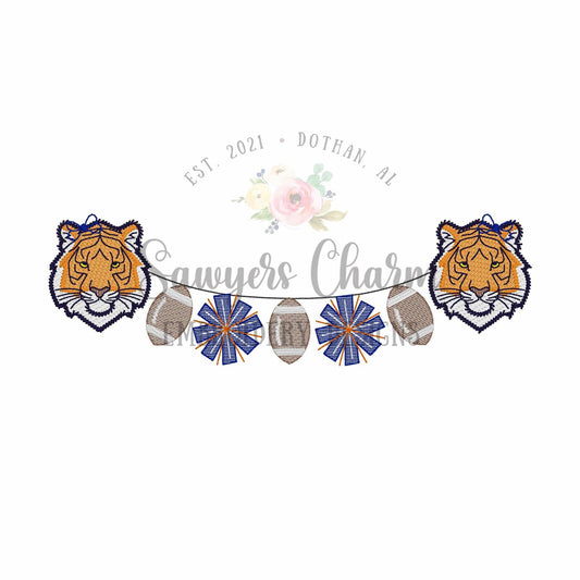 Tiger face & footballs/pom poms bunting banner sketch stitch machine embroidery design, college university, fall sports fan, cheerleading