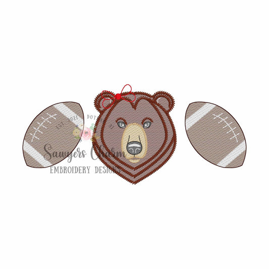 BUNDLE Bear & footballs trio, with/without bow, sketch stitch machine embroidery design, college university mascot, cheer, sports, grizzly
