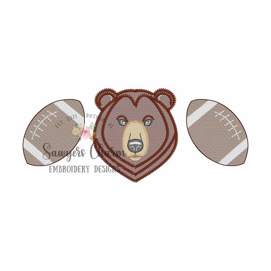 BUNDLE Bear & footballs trio, with/without bow, sketch stitch machine embroidery design, college university mascot, cheer, sports, grizzly