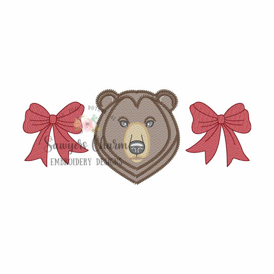 Coquette bows & bear trio, sketch stitch machine embroidery design, college university, football cheerleader, sports fan, grizzly zoo animal