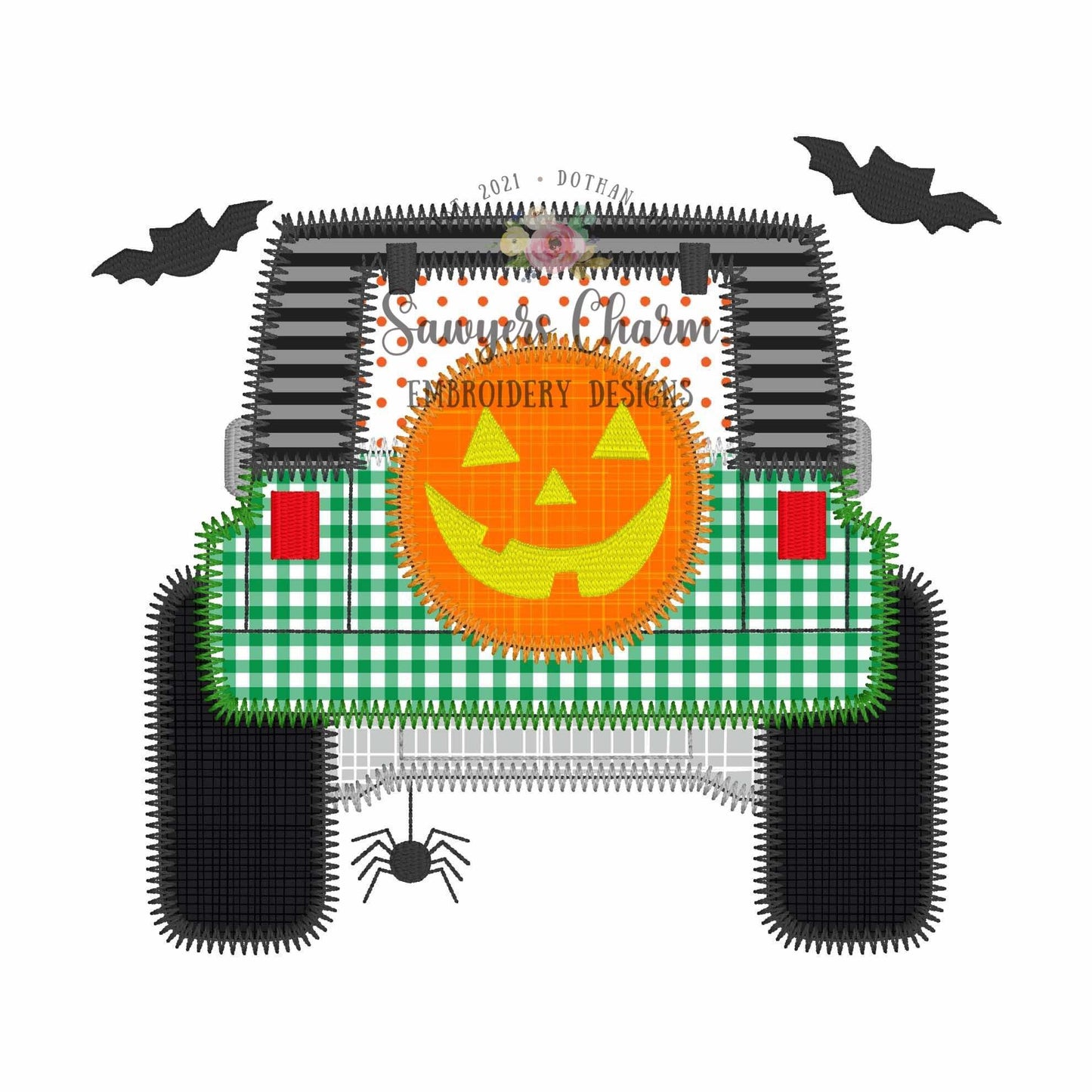BUNDLE Halloween Off Road SUV vehicle truck bean & zigzag stitch applique, machine embroidery design, spooky spider, bats, jackolantern tire