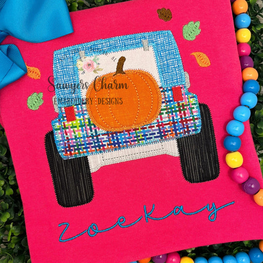 BUNDLE Fall pumpkin tire Off Road SUV vehicle truck bean & zigzag stitch applique, machine embroidery design, thanksgiving leaves, mudding
