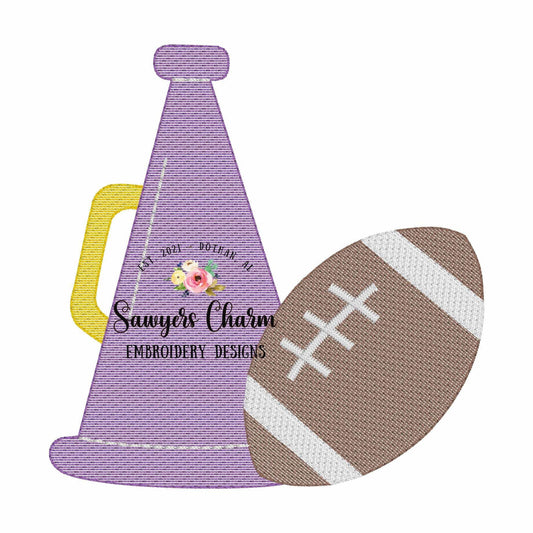 Megaphone with football sketch stitch machine embroidery design, fall football sports team fan, cheerleading, cheer