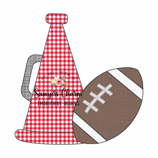 BUNDLE Megaphone with football bean & zigzag stitch machine applique embroidery design, fall football sports team, dance, fan, cheerleading