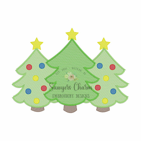 BUNDLE Christmas tree trio with bows & stars sketch stitch machine embroidery design file, quick stitch, ornaments, holidays, boho, woodland