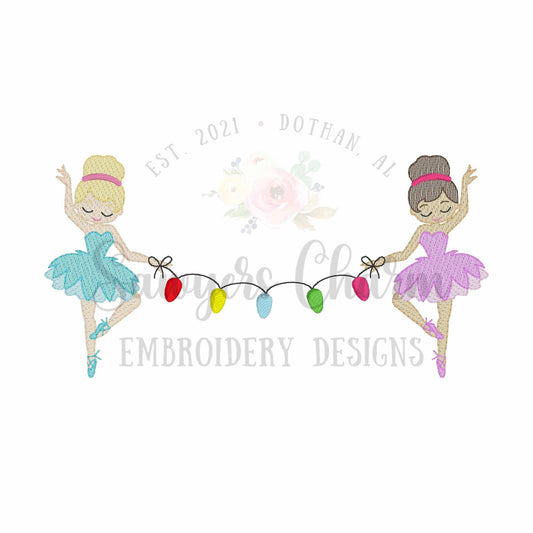 Ballerina Christmas lights bunting banner, sketch stitch machine embroidery design, happy holidays, nutcracker, coquette, Merry Christmas