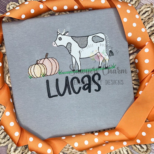 Cow in grass with pumpkins sketch stitch machine embroidery design file, bean stitch details, fall, thanksgiving, farm animal, field