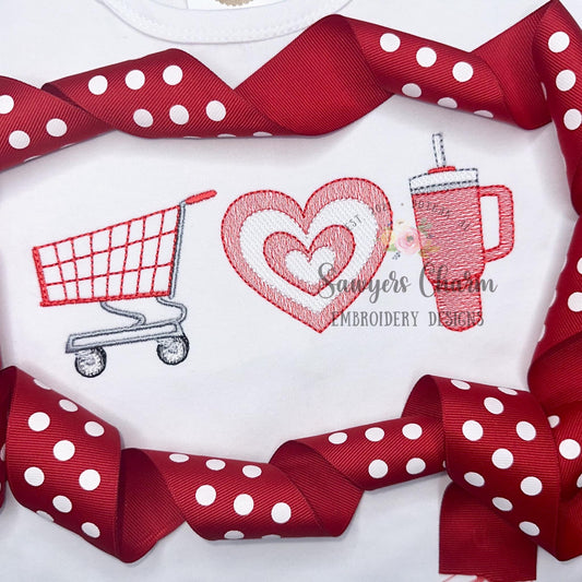 Shopping cart, heart bullseye, to go tumbler cup trio sketch stitch machine embroidery design file, quick stitch, mom life, mini me,