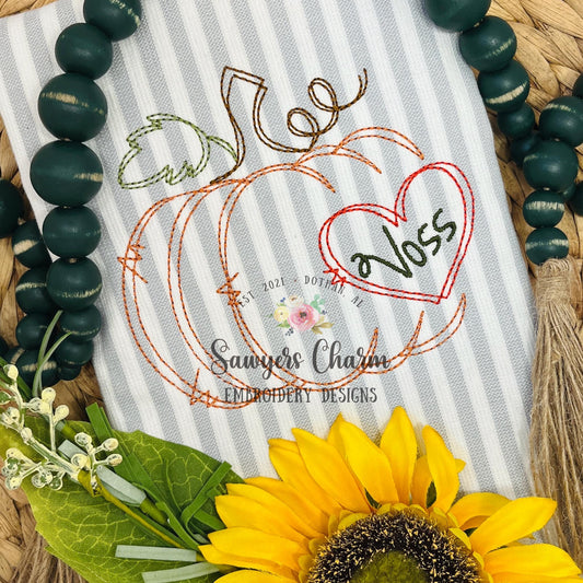 Scribble pumpkin frame with heart for names, bean stitch, machine embroidery design, quick stitch, fall, halloween, thanksgiving, Mom, grandma, love