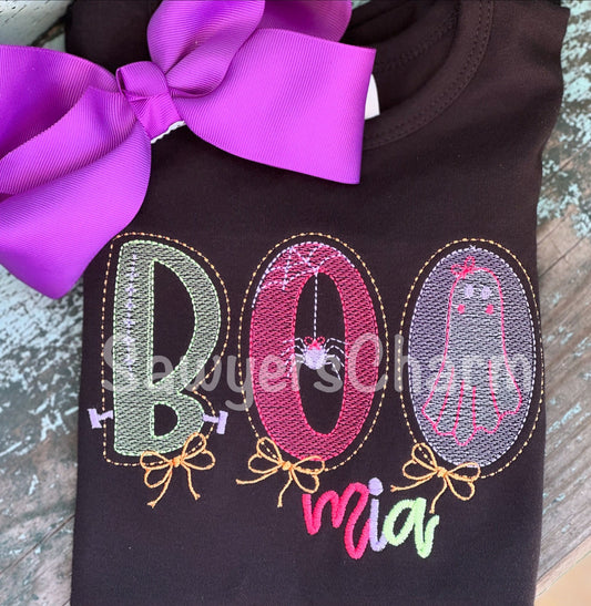 BOO girl with bows sketch stitch machine embroidery design file, fall, Halloween, spiderweb, ghost, coquette, Frankenstein, spooky, scary
