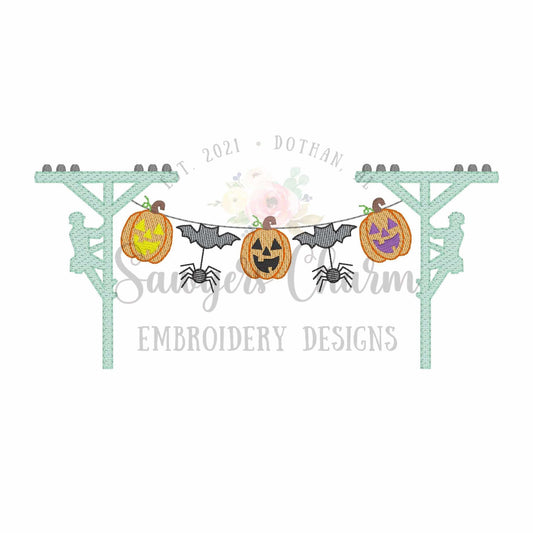 Halloween lineman bunting banner sketch stitch machine embroidery design, quick stitch, power line pole, jackolantern, bats, spiders, spooky