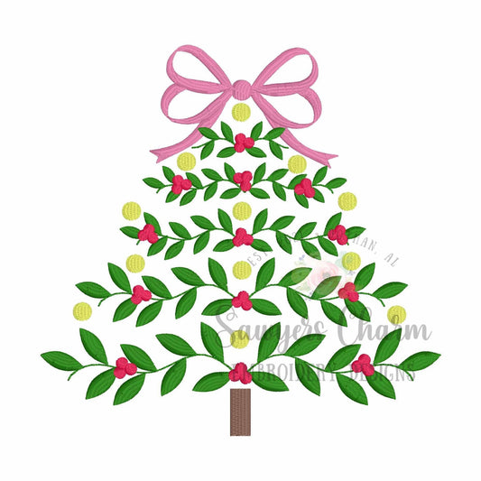 Coquette Christmas tree with bow & ornaments fill stitch, machine embroidery design file, happy holidays, holly berry vine branches, merry