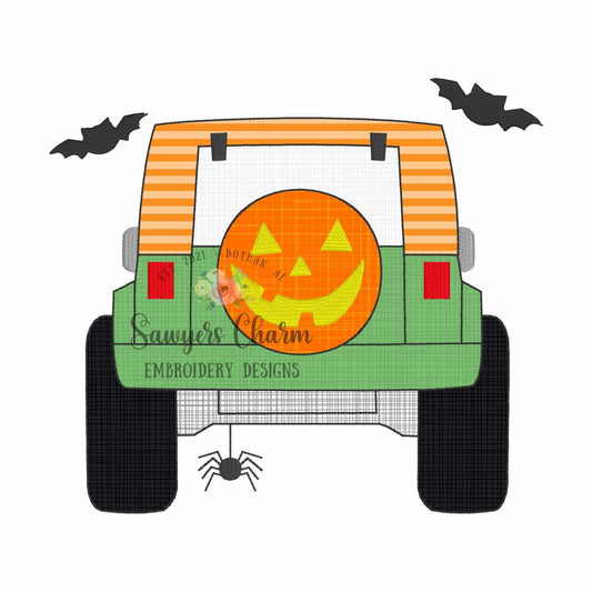 BUNDLE Halloween Off Road SUV vehicle truck bean & zigzag stitch applique, machine embroidery design, spooky spider, bats, jackolantern tire