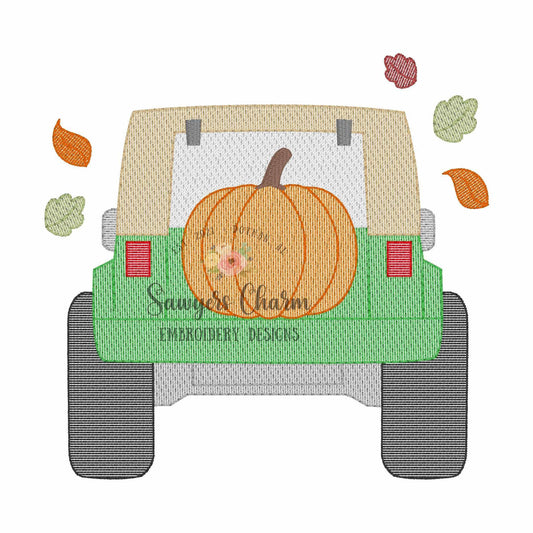 Fall pumpkin tire Off Road SUV vehicle truck sketch stitch machine embroidery design, transportation mudding, leaves, thanksgiving