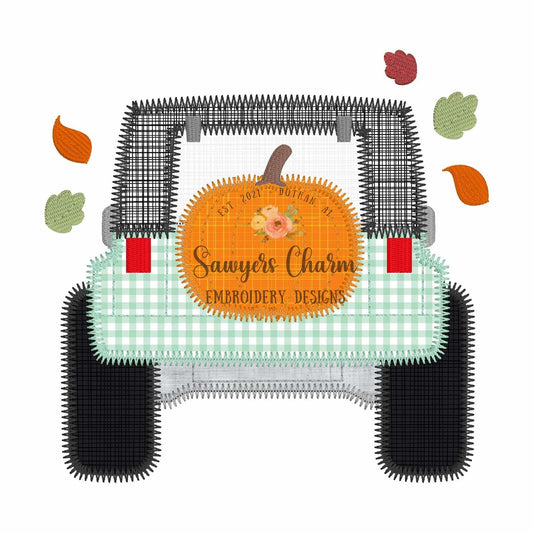 BUNDLE Fall pumpkin tire Off Road SUV vehicle truck bean & zigzag stitch applique, machine embroidery design, thanksgiving leaves, mudding
