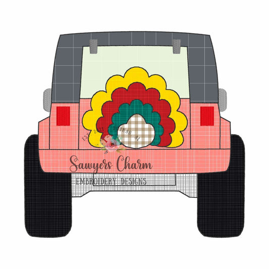 BUNDLE Turkey tail feathers tire Off Road SUV vehicle truck bean & zigzag stitch applique, machine embroidery design, thanksgiving, mudding