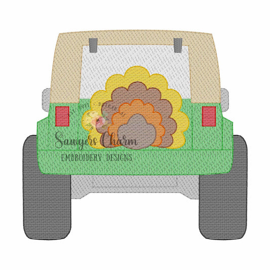 Turkey tail feathers tire Off Road SUV vehicle truck sketch stitch machine embroidery design, transportation mudding, thanksgiving, fall
