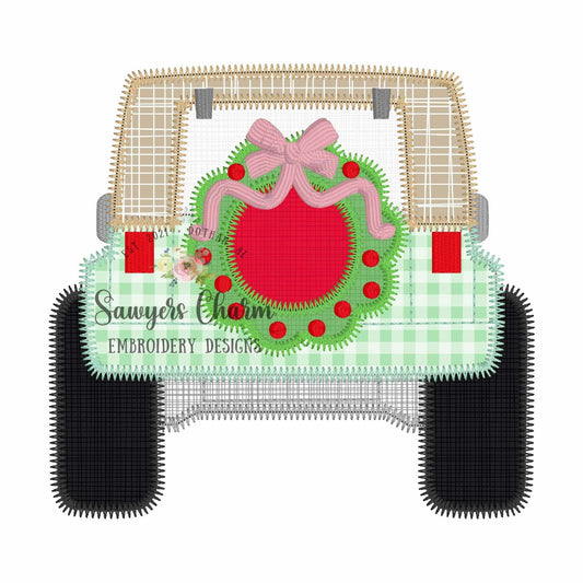 BUNDLE Christmas wreath with bow tire Off Road SUV vehicle truck bean & zigzag stitch applique, machine embroidery design, happy holidays