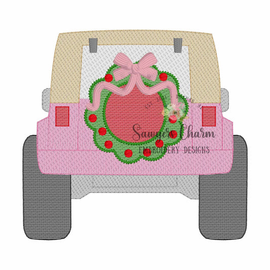 Christmas wreath with bow tire Off Road SUV vehicle truck sketch stitch machine embroidery design, transportation mudding, happy holidays