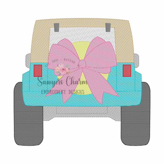 Off Road SUV vehicle truck with coquette bow sketch stitch, machine embroidery design file, transportation, mudding, beach summer, beach