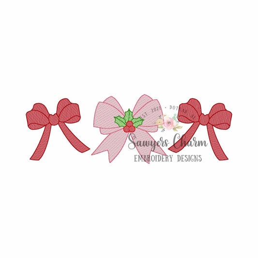 Coquette bows trio with holly berries sketch stitch machine embroidery design file, quick stitch, happy holidays, Merry Christmas, girl