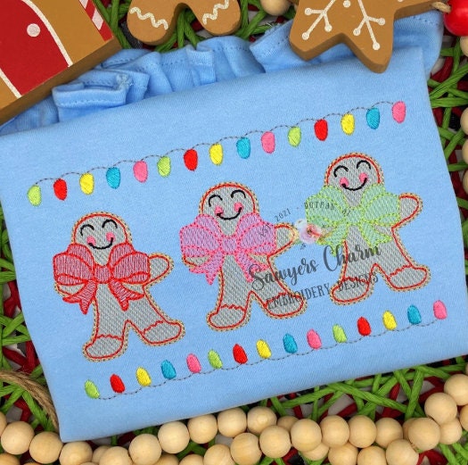 Gingerbread cookies with bows AND lights trio sketch stitch machine embroidery design file, Merry Christmas, happy holidays, coquette baker