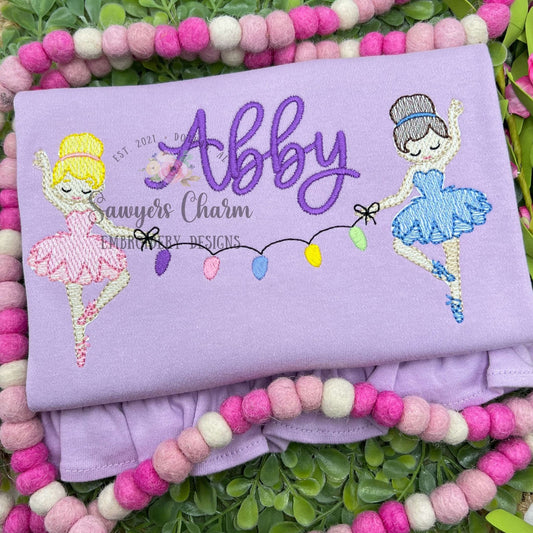 Ballerina Christmas lights bunting banner, sketch stitch machine embroidery design, happy holidays, nutcracker, coquette, Merry Christmas