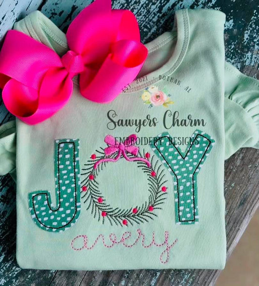 Christmas JOY wreath with bow BEAN stitch applique, machine embroidery design file, bean stitch wreath, happy holidays, satin stitch bow
